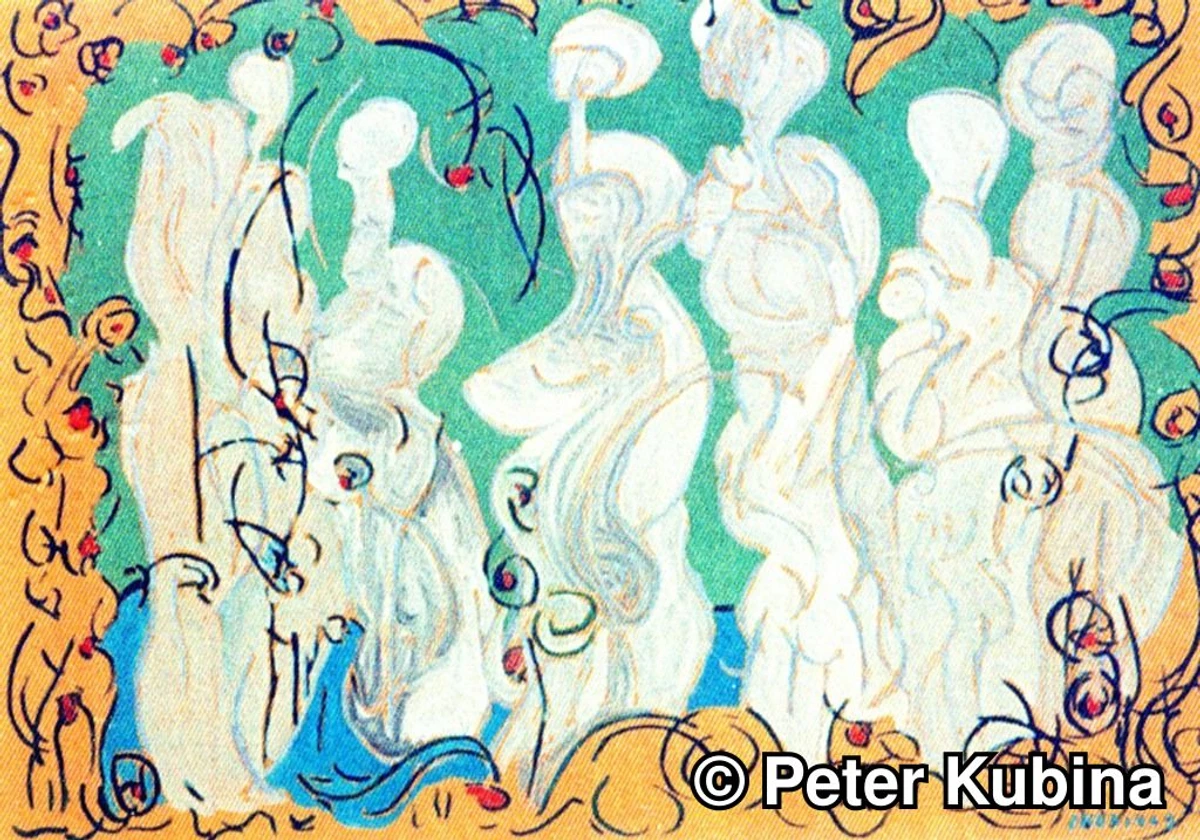 White Figures Gathering Green