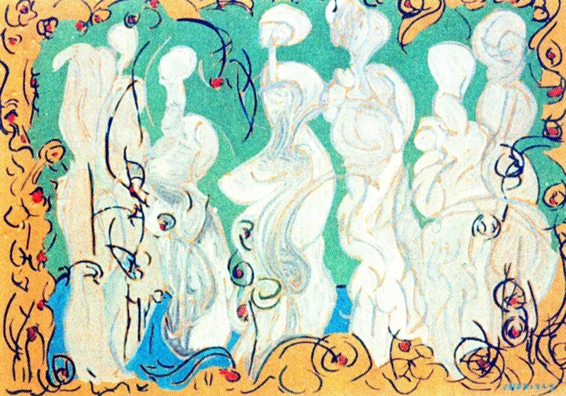 White Figures In Green Garden